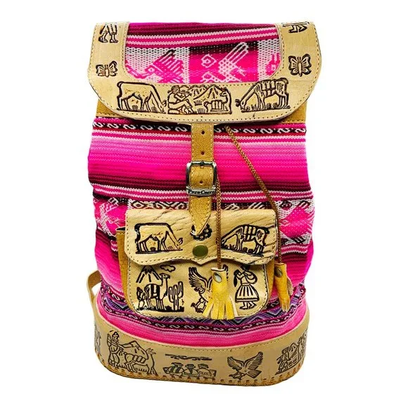NEW PERU CUSCO WOMEN\'S TEXTILE FABRIC EMBOSSED LEATHER BOHO BACKPACK BAG New Peru Cusco Women main image 4